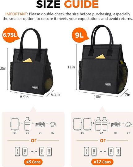 Fmeida Insulated Lunch Bag Women Men, 9L Large Lunch Bags with Multiple Pockets, Reusable Thermal Cooler Tote for Work, Office, Picnic, Travel | Hook and Loop Closure, Black