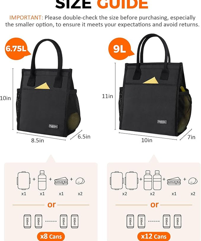 Fmeida Insulated Lunch Bag Women Men, 9L Large Lunch Bags with Multiple Pockets, Reusable Thermal Cooler Tote for Work, Office, Picnic, Travel | Hook and Loop Closure, Black