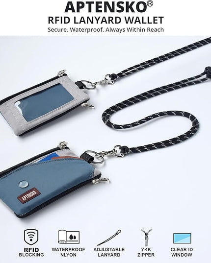 RFID Travel Wallet with Adjustable Lanyard-Zipper Small Wallet with ID Card Holder, Keychain for women&men-Minimalist Slim Waterproof Nylon case for ID, Cash, Key (SlateBlue+Grey)