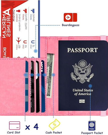 TOURSUIT RFID Blocking Passport Holder for Women Men, Leather Passport Travel Wallet with Metal 3D Metal Badge, Travel Document Holder Cover Accessories (Pink)
