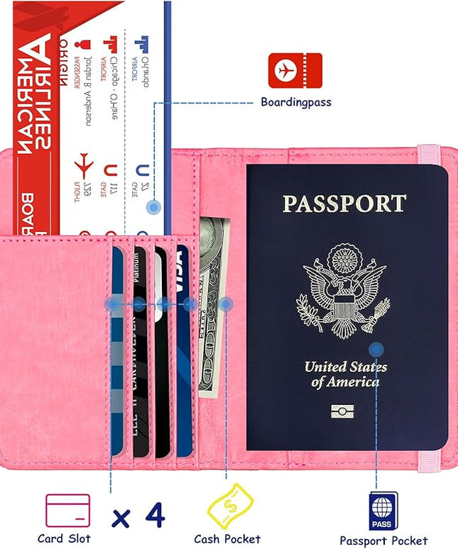 TOURSUIT RFID Blocking Passport Holder for Women Men, Leather Passport Travel Wallet with Metal 3D Metal Badge, Travel Document Holder Cover Accessories (Pink)