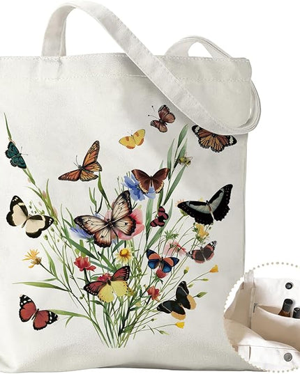 Aesthetic Canvas Tote Bag with Zipper Pockets & Snaps for Women,Reusable Shopping Grocery Bags Gifts -Work, Gym