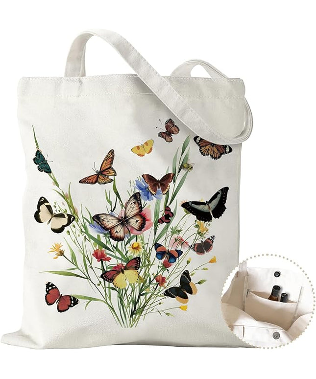 Aesthetic Canvas Tote Bag with Zipper Pockets & Snaps for Women,Reusable Shopping Grocery Bags Gifts -Work, Gym