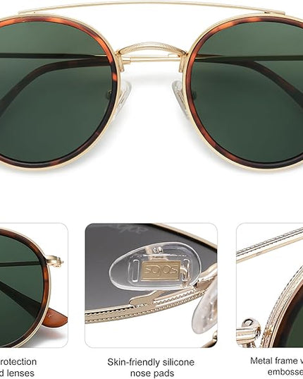 SOJOS Retro Vintage Round Polarized Sunglasses for Women Men Small Double Bridge Circle Sunnies SJ1104