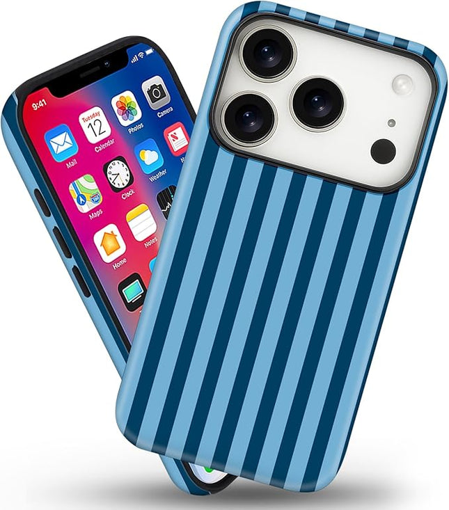 Magnetic for iPhone 17 Pro Case Cute Stripes Phone Case, Shockproof Slim TPU and Hard PC Protective Phone Cover Compatible with MagSafe Designed for Women Girls, Lake Blue