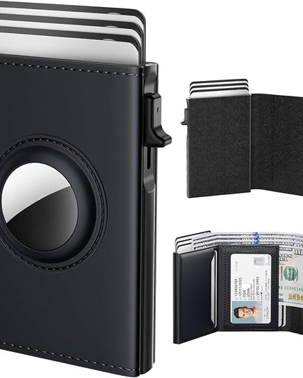 typecase Mens Wallet Card Holder for AirTag: Leather Smart Wallet for Men Compatible with Apple Air Tag, RFID Blocking, Slim, Minimalist - 9-14 Card Capacity | ID Window | Cash Slot (Deep Black)