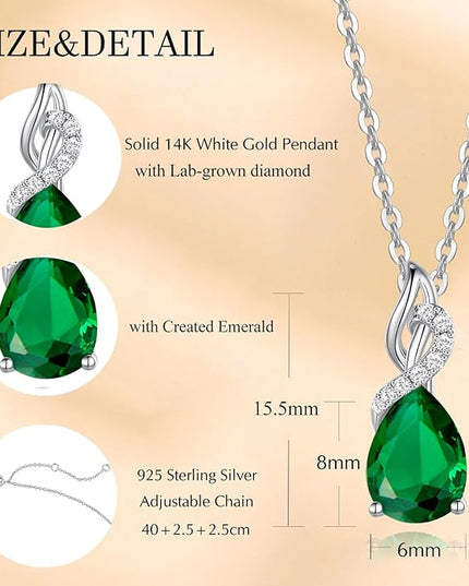 FANCIME 14K Solid White Gold Teardrop Pendant with Diamond Birthstone Necklace