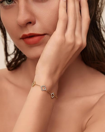 CLAIRETTE Premium PVD Gold-Plated Clover Lucky Bracelet for Women Flower Four Leaf Link Bracelets Trendy Jewelry Gifts for Women