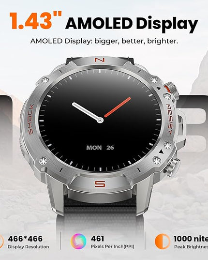 WalkerFit Smart Watch for Men, 1.43" Round AMOLED, 5ATM Waterproof for Swim, Heart Rate & Sleep Monitor, Long Battery, Outdoor Activity Tracker, Voice Control&Bluetooth Call (Silver, Black Nylon)