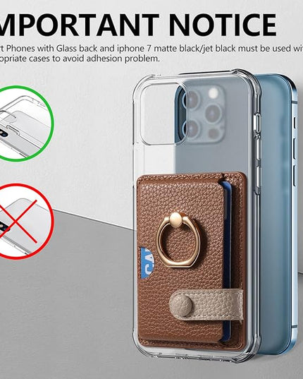Wallet Stick on Phone Case, Credit Card Holder with Ring for Back of Phone Cases Flip Leather Wallet Sleeve Pouch Compatible with iPhone, Samsung Galaxy Android Most Smartphones Brown