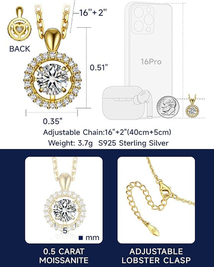 MomentWish Floating Necklace for Women, 0.5/1 Carat Dancing Moissanite Necklace for Her 925 Sterling Silver Pendant Anniversary Birthday Christmas Gift for Wife Mom Girlfriend