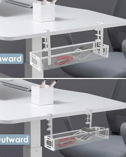 Cable Management, 2 Pack Cable Management Under Desk No Drill, Metal Cord Organizer with Clamp for Standing Desk, Cable Organizer for Home Office, White