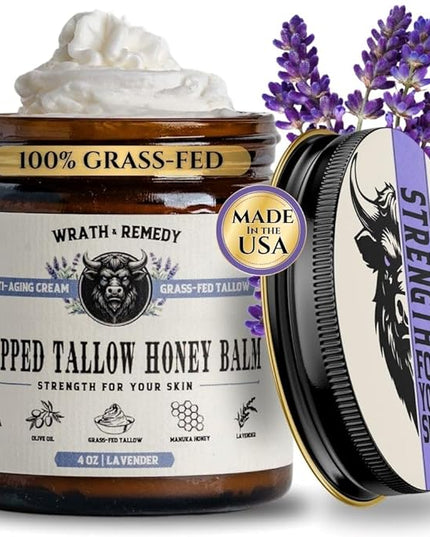 Organic Beef Tallow for Skin - 4 OZ (Lavender) — Grass Fed Beef Tallow for face + Body — US-Made Whipped Tallow and Honey Balm Moisturizer for Dry and Sensitive Skin, Eczema, Rosacea (No Additives)