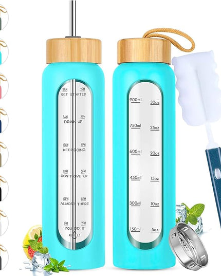 32 oz Glass Water Bottle with Straw - Motivational Time Marker & Silicone Sleeve - Reusable Tumbler Includes 2 Bamboo Lids & Fruit Infuser - 1 Pack