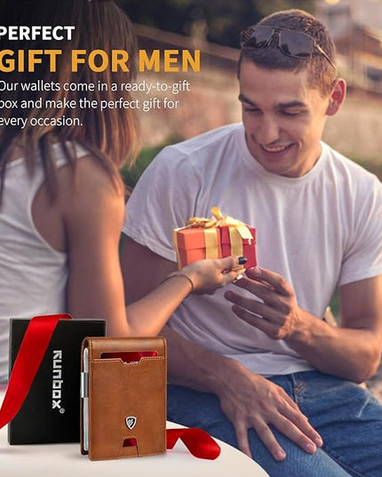 RUNBOX Mens Slim Wallet with Money Clip RFID Blocking Bifold Credit Card Holder for Men with Gift Box