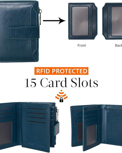 Bveyzi Women's Small Leather RFID Blocking Bifold Zipper Pocket Wallet Ladies Credit Card Slots Purse with id Window