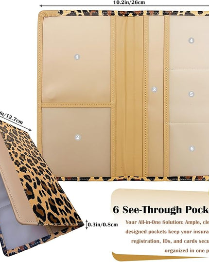 Car Registration and Insurance Holder with Magnetic Closure, Universal Document Organizer for License, Insurance Cards & Glove Box Storage (Leopard-Brown)