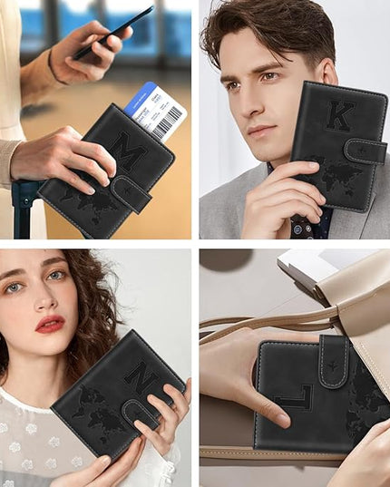 Passport Holder Wallet Cover Personalized Letter A-Z Travel Wallet RFID Blocking Passport Cover Wallet Case for Travel Passport Book Holders for Women and Men, Black-M