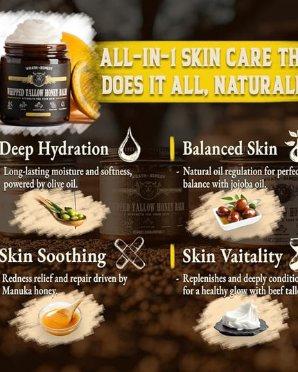 Organic Beef Tallow for Skin - 4 OZ (Citrus) — Grass Fed Beef Tallow for face + Body — US-Made Whipped Tallow and Honey Balm Moisturizer for Dry and Sensitive Skin, Eczema, Rosacea (No Additives)