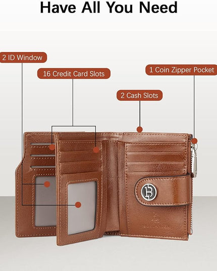 BOSTANTEN Women Leather Wallet Small RFID Blocking Bifold Zipper Pocket Wallet Card Case with ID Window Beige