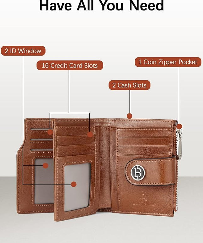 BOSTANTEN Women Leather Wallet Small RFID Blocking Bifold Zipper Pocket Wallet Card Case with ID Window Beige