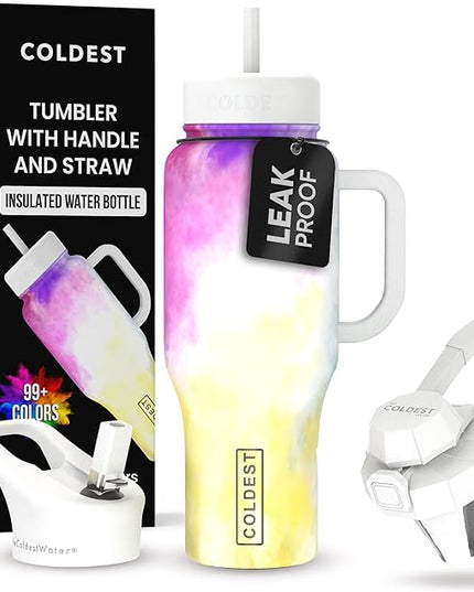 Coldest Tumbler with Handle and Straw, 100% Leak Proof Insulated Tumbler with Lid and Straw (3 Lids), Stainless Steel Tumblers for Women & Men, Cup Holder Friendly, 36 oz (Clouds of Tie Dye)