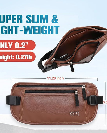 PU Leather Money Belt - Passport Holder Secure Hidden Travel Wallet with RFID Blocking, Undercover Fanny Pack(Brown)