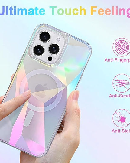 Cute Case for iPhone 13 Pro Case for Women Girls [ Compatible with Magsafe ] Clear Glitter Girly Aesthetic Rainbow Sparkly Bling Magnetic Phone Cover, Iridescent Geometry