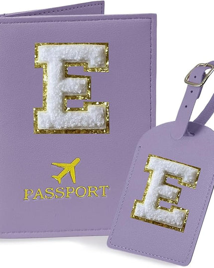 COSHAYSOO Purple Passport Cover and Luggage Tag Set TSA Approved with Her Initial Chenille Letter Patch for Big Little Girls Sister Daughter, Hawaii Travel Bag Backpack Suitcase Identifier (E)