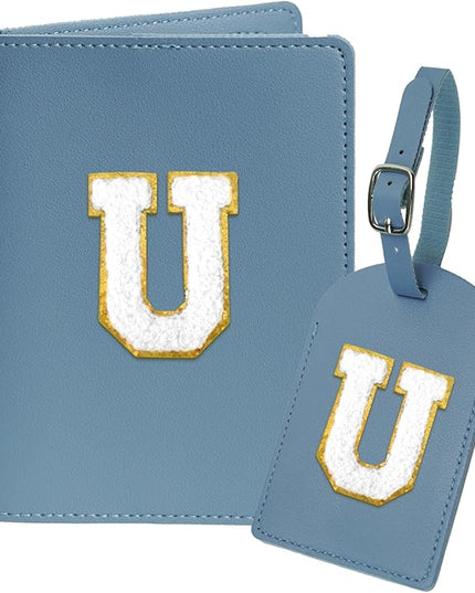 Initial Passport Cover Holder and Luggage tag Set,PU Leather Passport Case Travel Suitcase Tag with Letter Patch, Personalized Travel Luggage Accessories Gifts for Women Grils Teenage Haze Blue U