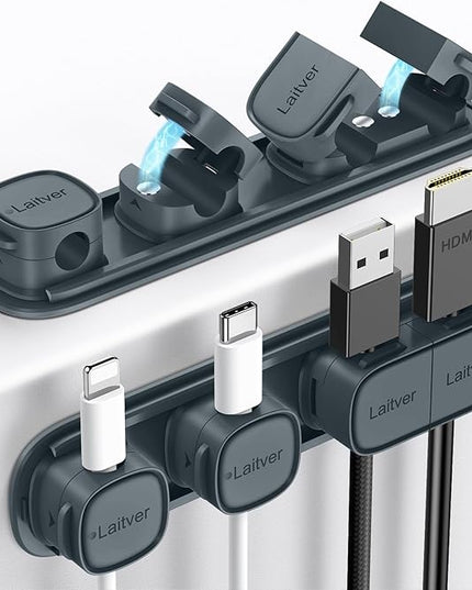 6 Pack Magnetic Cable Clips [1s Open/Lock], Laitver Cord Organizer Holder Strong Adhesive Desk Cable Management- Organize Charging Cords Neatly for Home, Office, Car,Desk, Nightstand-Sea Blue