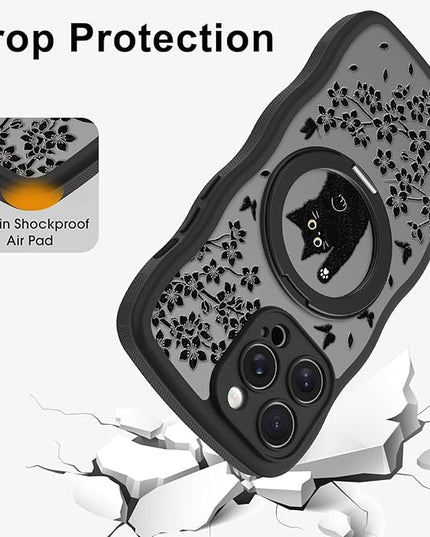 Wavy Case for iPhone 14 Pro Case with Stand [Compatible with MagSafe] Cute Black Cat & Floral & Butterflies Pattern Design, Kawaii 360 Magnetic Ring Kickstand Phone Cover for Women Girls