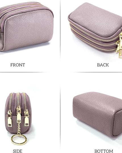 LINNO 3 Zippered Genuine Leather Coin Purse Triple Capacity Change Pouch Little Travel Wallet With Key Ring for Women