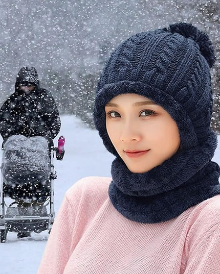 HUAMULAN Women Winter Beanie Hats One Piece Fleece Lined Knit Balaclavas Mask Set Skull Neck Circle Scarf Ski Snow Hat Pompom