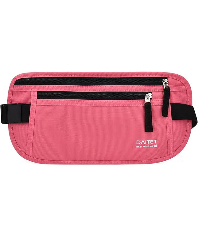 RFID Blocking Money Belt for Men Women, Slim Fanny Pack for Travel，Running,Conceal Waist Wallet for Passport Holder,Phone,Cash(Hot Pink)