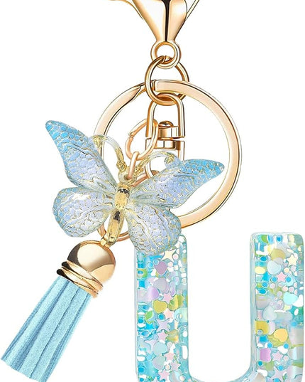 Fashion Alphabet Initial Letter Keychain Tassel Butterfly Pendant Key Ring for Purse Handbags Women Girl