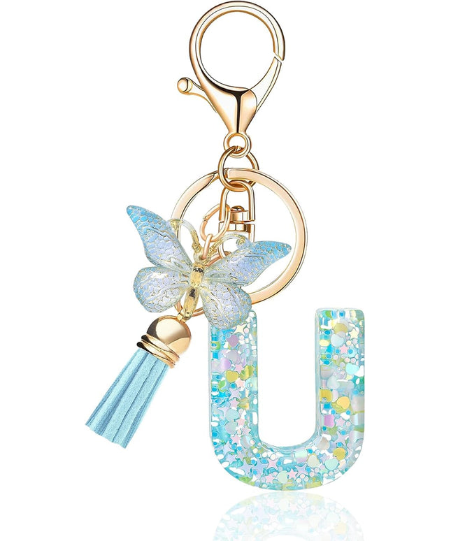 Fashion Alphabet Initial Letter Keychain Tassel Butterfly Pendant Key Ring for Purse Handbags Women Girl