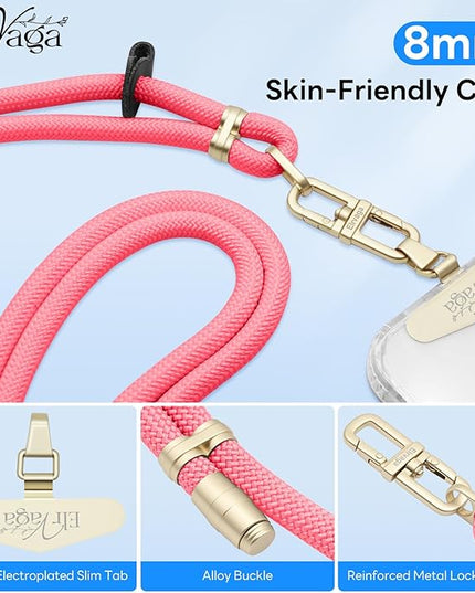 Adjustable Anti-Theft Phone Lanyard - 8mm Mountain Climbing Rope Neck & Crossbody Strap with Secure Locking Metal Clip - Rugged Outdoor Design for Smartphones (Rose Red)