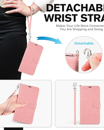 TUCCH Wallet Case for iPhone 16 5G, [Wrist Strap] Kickstand RFID Blocking 4 Card Slots Magnetic Closure, PU Leather Shockproof TPU Shell Compatible with iPhone 16 2024, Rose Gold with Wristlet