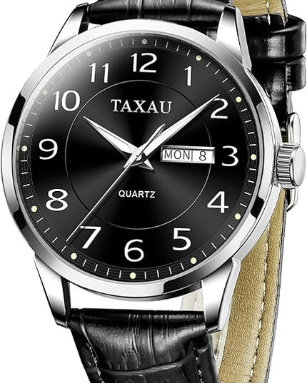 Mens Leather Watch Large Face Classic Quartz Mens Analog Watches Luxury Dress Watches for Men Waterproof Men's Wrist Watch Easy Read with Date Number Dial Relojes para Hombre