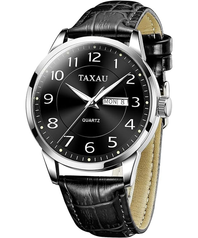 Mens Leather Watch Large Face Classic Quartz Mens Analog Watches Luxury Dress Watches for Men Waterproof Men's Wrist Watch Easy Read with Date Number Dial Relojes para Hombre