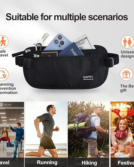 DAITET Money Belt - Passport Holder Secure Hidden Travel Wallet with RFID Blocking, Undercover Fanny Pack (Black)