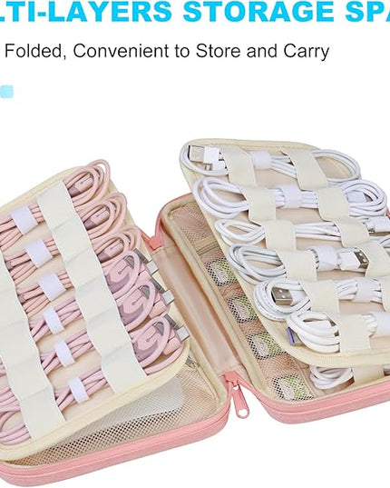 Lacdo Cord Organizer Travel, Cable Organizer Bag Case, Portable Electronics Organizer Travel Case, 6 Layer Large Capacity Charging Cords Storage organizer for Cables, SD Card, Travel Essentials, Pink