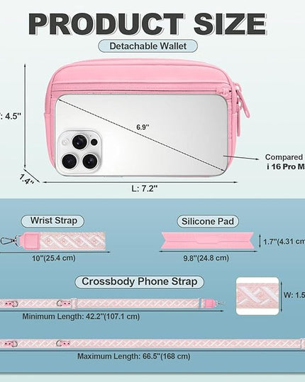 Clip and Go Strap for Phone with Wallet Crossbody, Adjustable Phone Lanyard with Detachable RFID Wristlet Wallet, Pattern Strap - Pink(L)