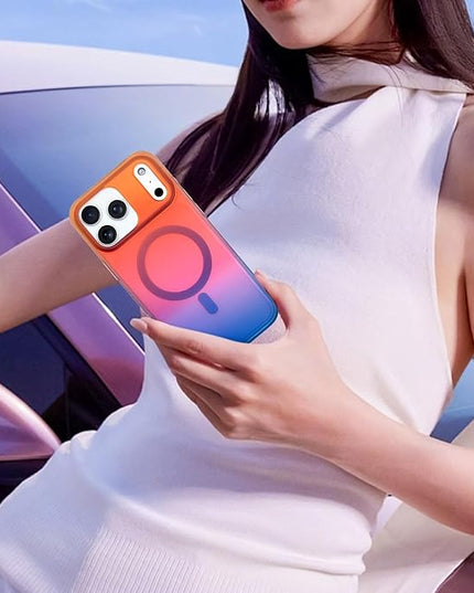 Aesthetic Case for iPhone 17 Pro Max Case for Women Girls [Compatible with Magsafe] Cute Girly Trendy Glitter Sparkly Rainbow Magnetic Protective Phone Cover, Matte Iridescent Orange & Blue