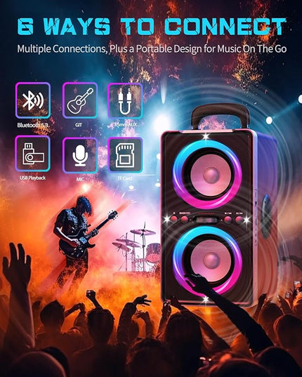 Bluetooth Speaker, 200W Peak Loud Stereo with Big Bass, 20H Playtime, TWS, Fast Charging, Portable Handle, Wireless Large Boombox Bocina with LED Light for Party Outdoor Backyard Camping