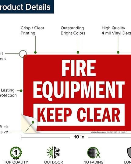 Fire Equipment Keep Clear Sign, 10x7 Inches, 4 Mil Vinyl Decal Stickers Weather Resistant, Made in USA by My Sign Center