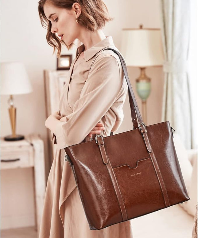 BOSTANTEN Leather Laptop Bag Work Tote for Women Shoulder Handbag Briefcase 15.6 inch Satchel Computer Bag