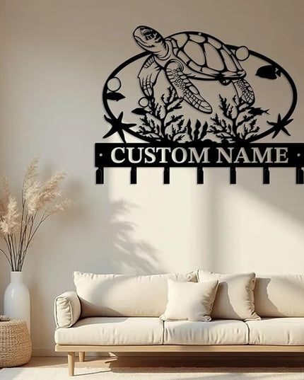 Casebrick Custom Sea Turtle Metal Wall Hooks,Key Holder-Personalized Iron Wall Decor for Keys, Coats & Home Organization (Black, Handmade,Decorative for Entryway, Beach,Bedroom,Office) (Style A)