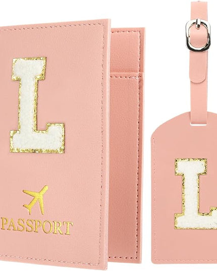 PATIKIL Passport Holder for Travel, Initial Passport Cover and Luggage Tag Set with Alphabet Chenille Letter Patch Travel Wallet Bag Suitcase Identifier for Women Family Travel Pink L